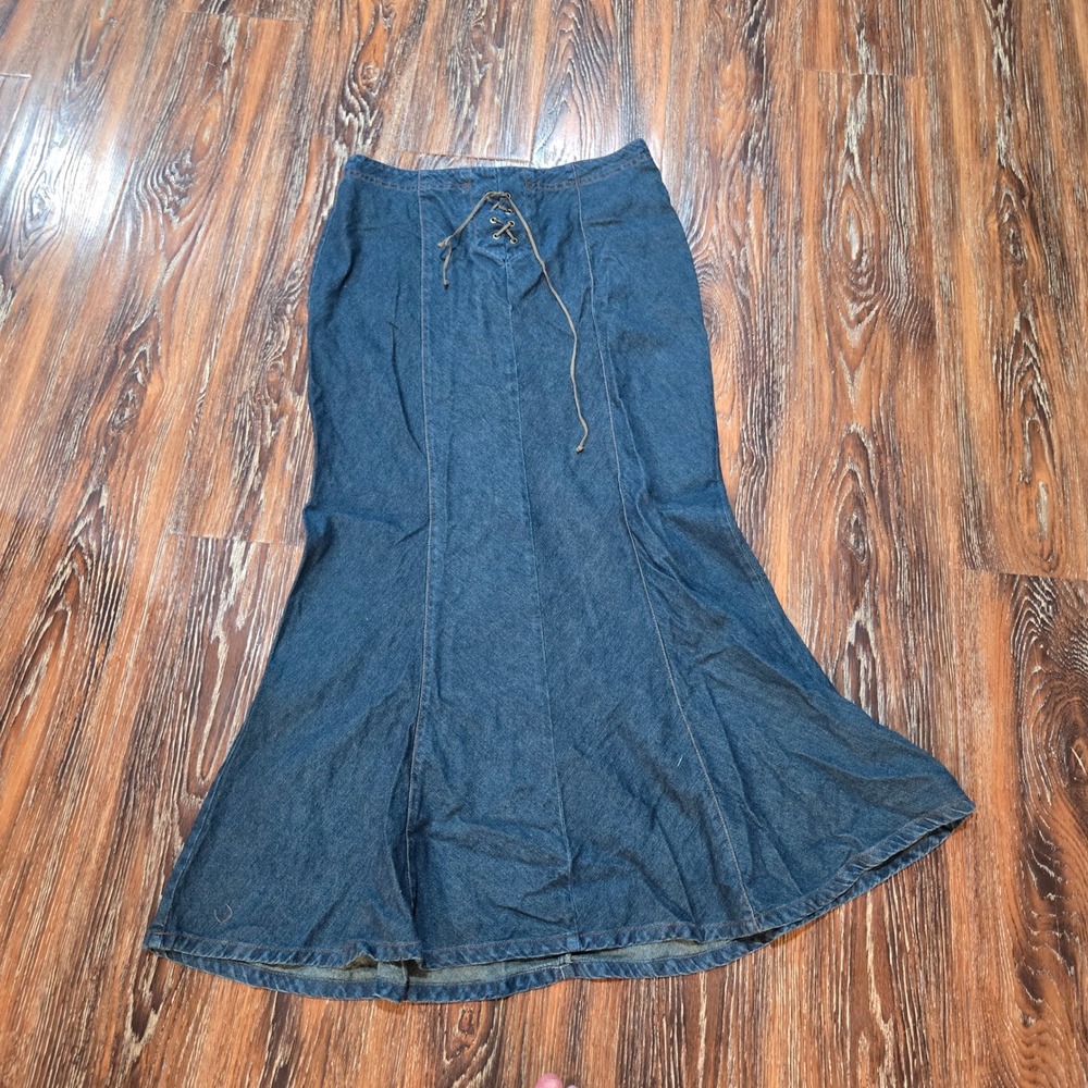 Faded Glory 8 Maxi Skirt Womens Blue Tinted Denim Lace Up Mermaid Vintage Y2K